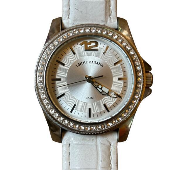 Tommy Bahama TB2128 Women's Sparkling Stones Bezel‎ White Dial Leather Watch - Picture 1 of 10